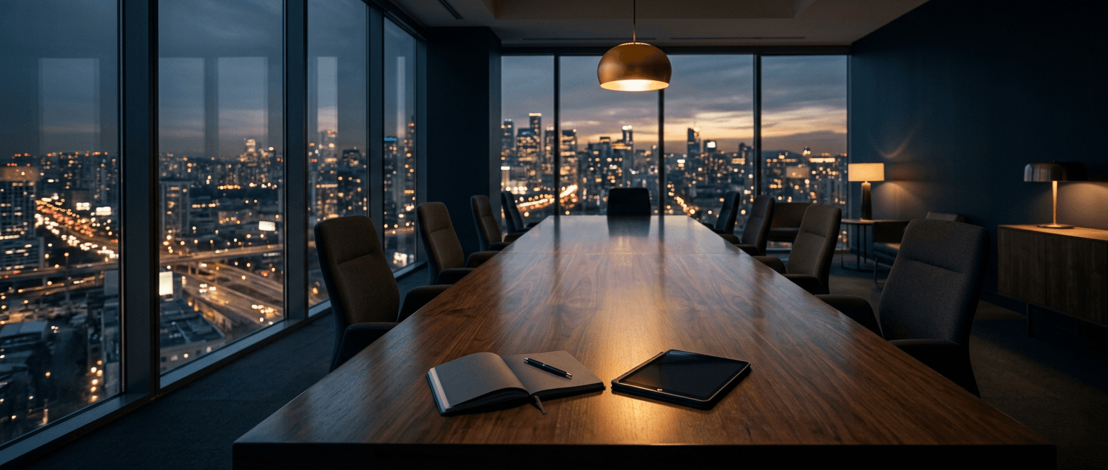 Executive meeting room overlooking a city skyline at dusk, representing IMIJ Associates' advisory engagements
